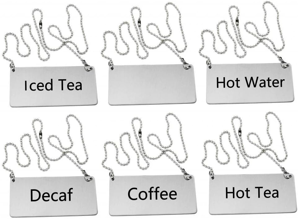 New Star Foodservice 27549 Stainless Steel Table Tent Chain Sign Combo, Includes (Coffee), (Decaf), (Hot Tea), (Iced Tea), (Hot Water), and (Blank), 3.5"x 1.5", Combo Set of 6