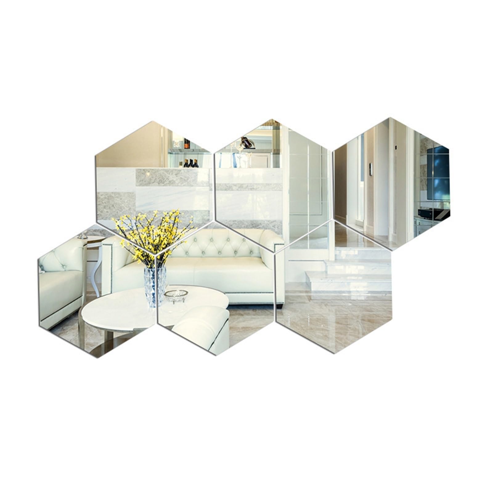 Hexagonal Mirror Wall Sticker 6/12Pcs Hexagon Acrylic Mirror Wall Stickers Home Decor DIY Removable Mirror Sticker Living-Room Decal Art Ornaments for Home(6PCS Silver,XL 150x130x75mm)