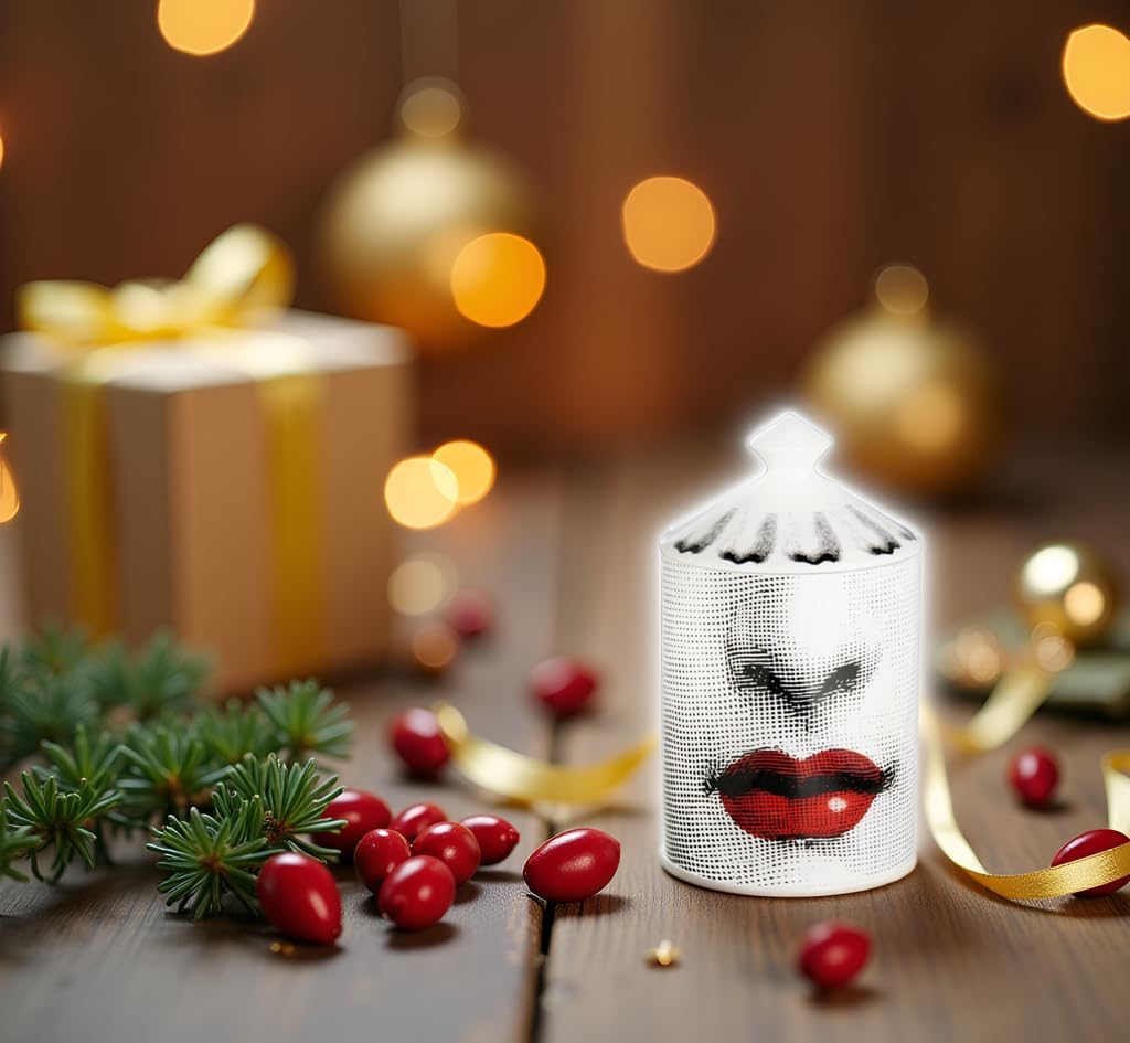 AlphaDesignLuxe Decorative Candle Holder Handcrafted Aromatherapy Candle Jar Italian Designer Décor Fashionable Tabletop Vase Modern Art Female Face Eyes Lips Centerpiece. (Red Lips)