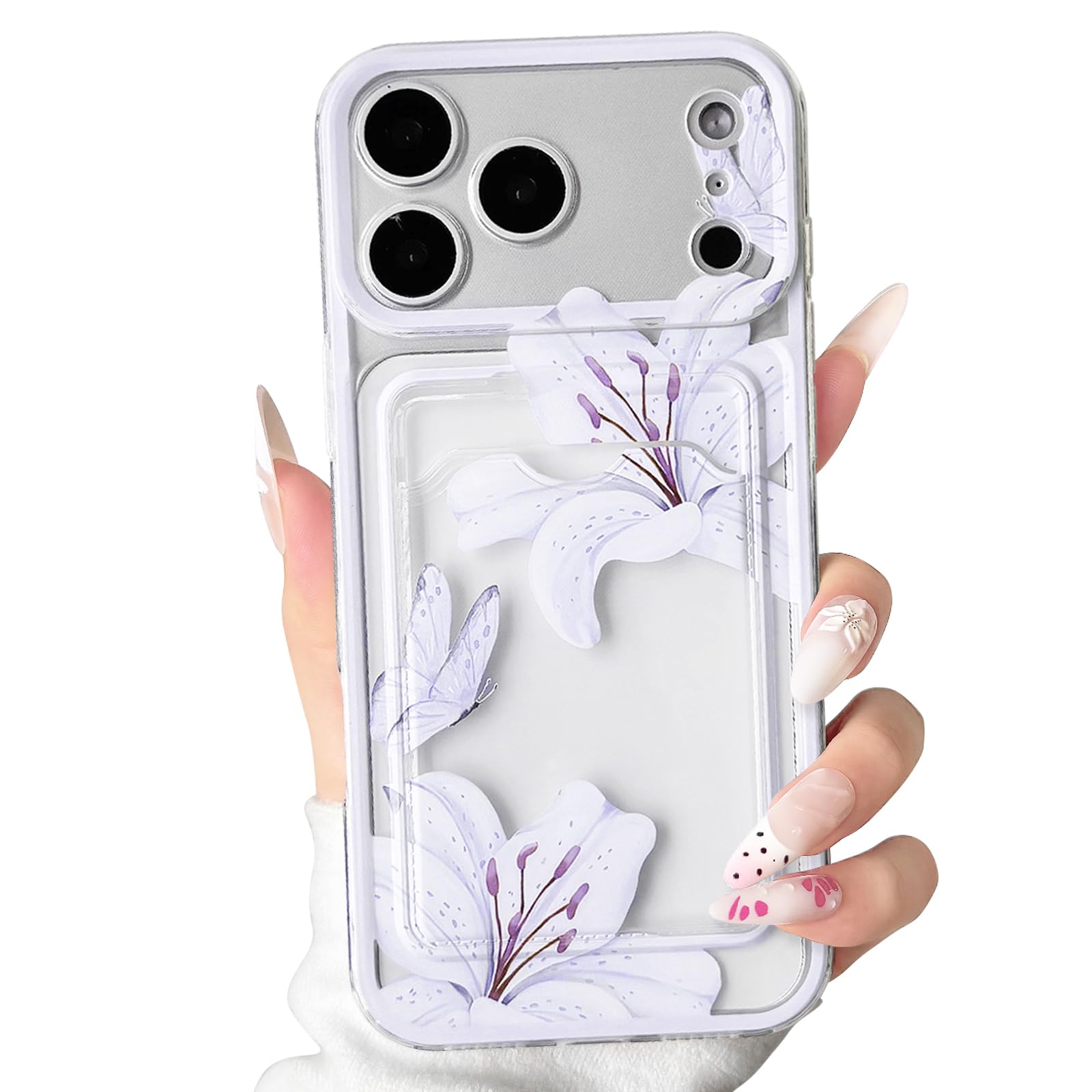 Compatible with iPhone 17 Pro Max Case Clear with Card Holder Cute Lily Flowers Floral Pattern Butterfly for Women Girls Color Frame Wallet Soft TPU Shockproof Protective Cover - Purple