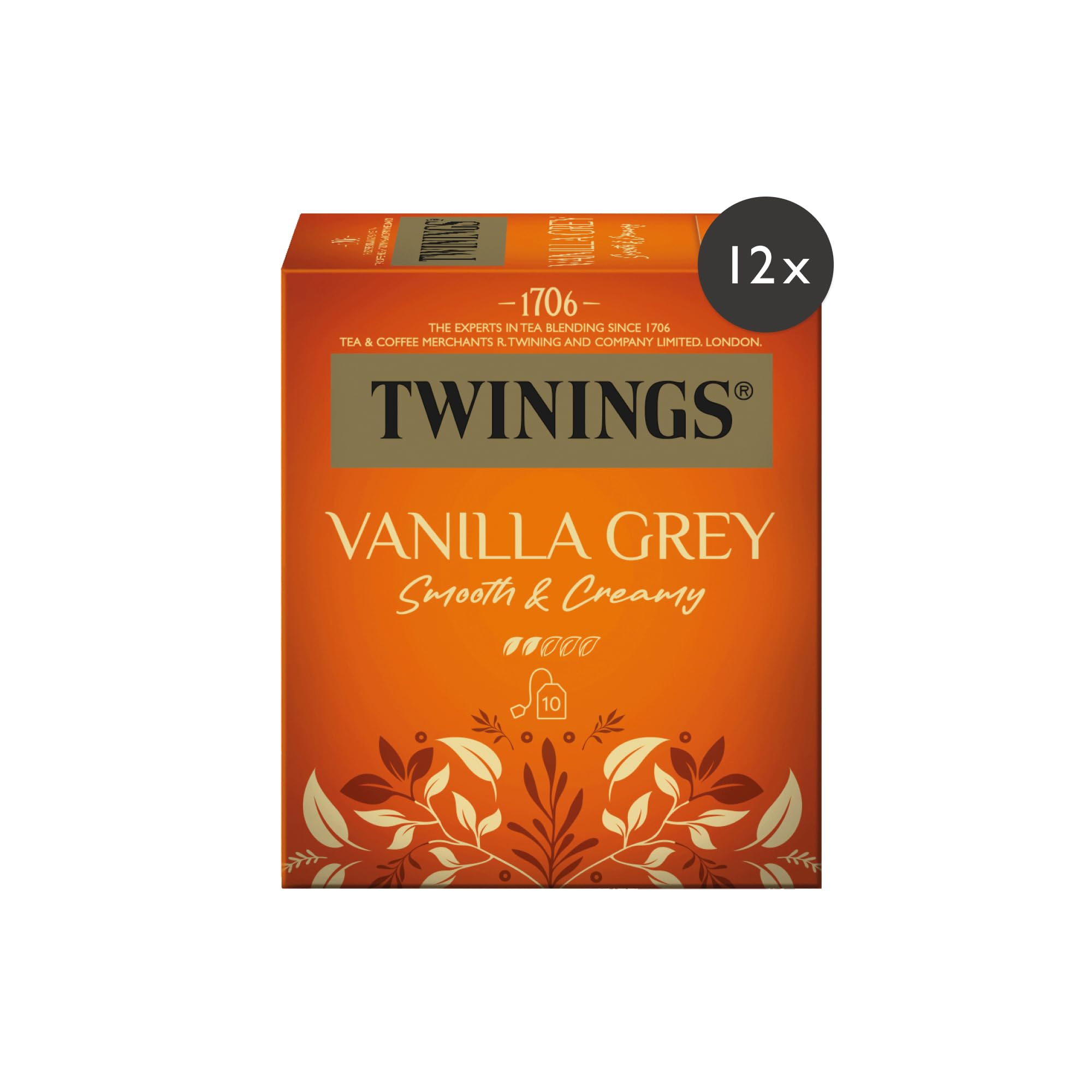 Twinings VANILLA GREY Schwarzer Tee im Teebeutel - leichte Schwarztee Mischung mit Vanille- & Bergamotte-Aromen, Rosenblüten und Lavendel, 12er Pack (je 10 Beutel)