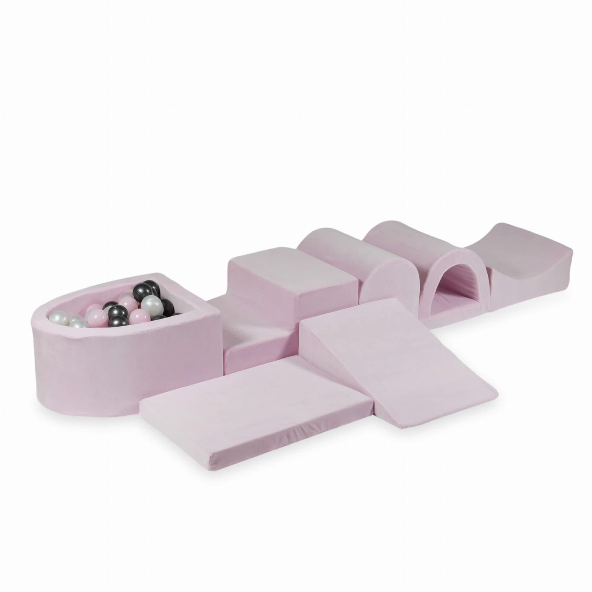 Mimii Parco giochi XXL in schiuma con vasca con palline Velvet Soft rosa chiaro (100 palline: perla/rosa chiaro/grafite metallizzato), grandi mattoncini da costruzione per gattonare e arrampicare
