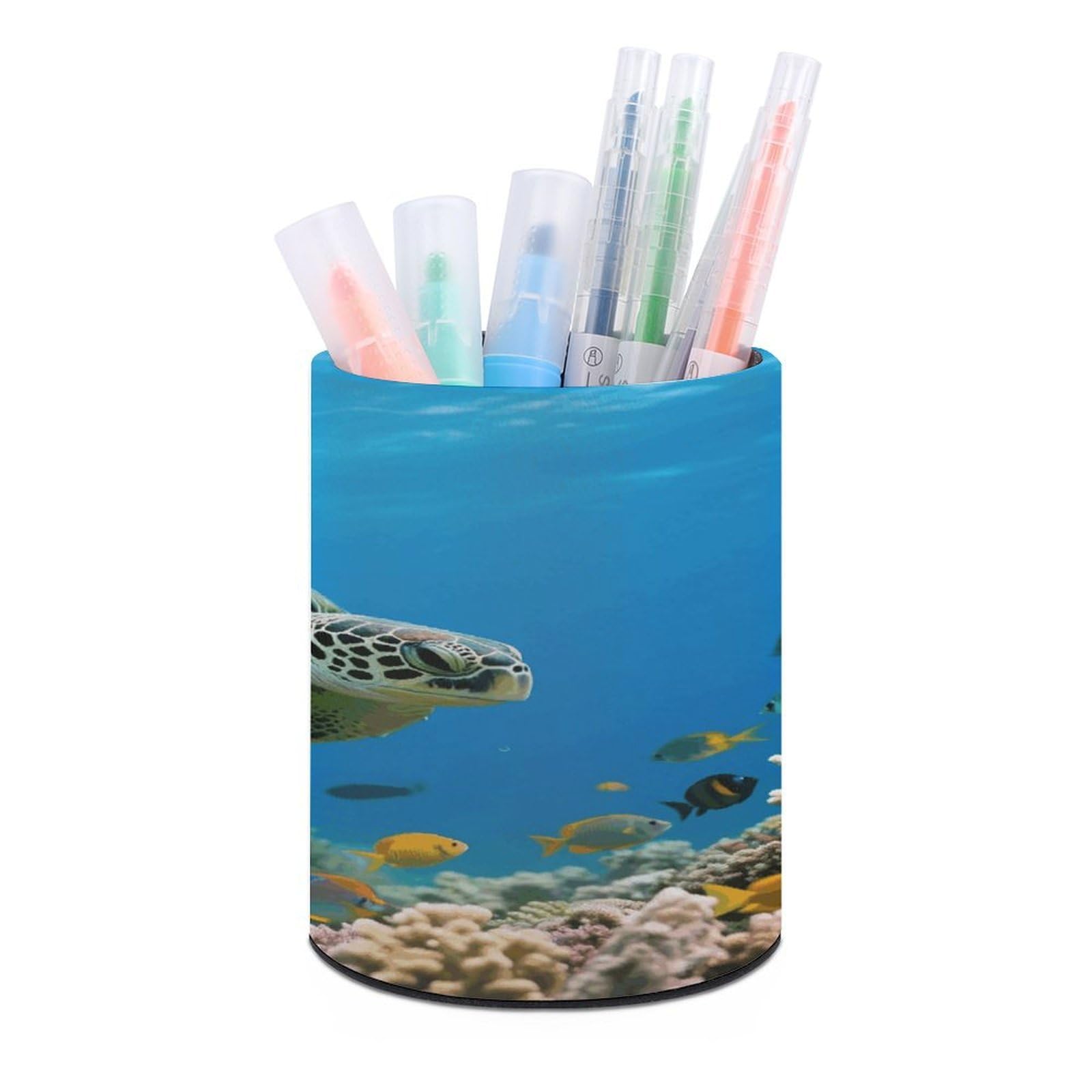VstaDank Green Sea Turtle Pen Holder Round Pencil Holder Cup Pen Container PU Leather Desk Organizer Stand Decor Brush Scissor Holders Decoration Office Desk Home (3.1 X 3.9 Inches)