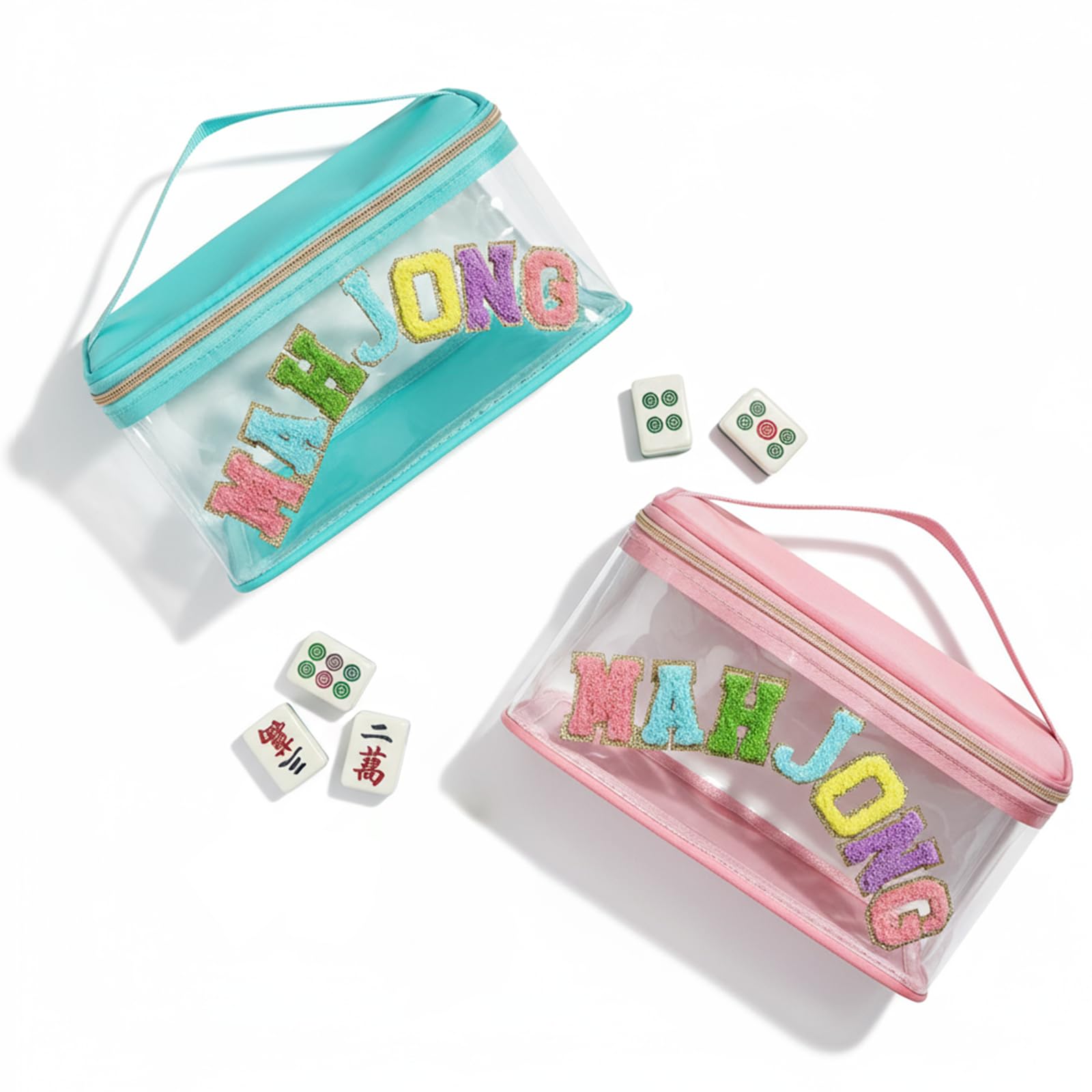 Heentan 2 Pcs Empty Mahjong Tile Bag American Clear Mahjong Rack Bag Waterproof Zippered Storage Tile Holder for Game Lover Gift Travel, Case Only, Pink Blue