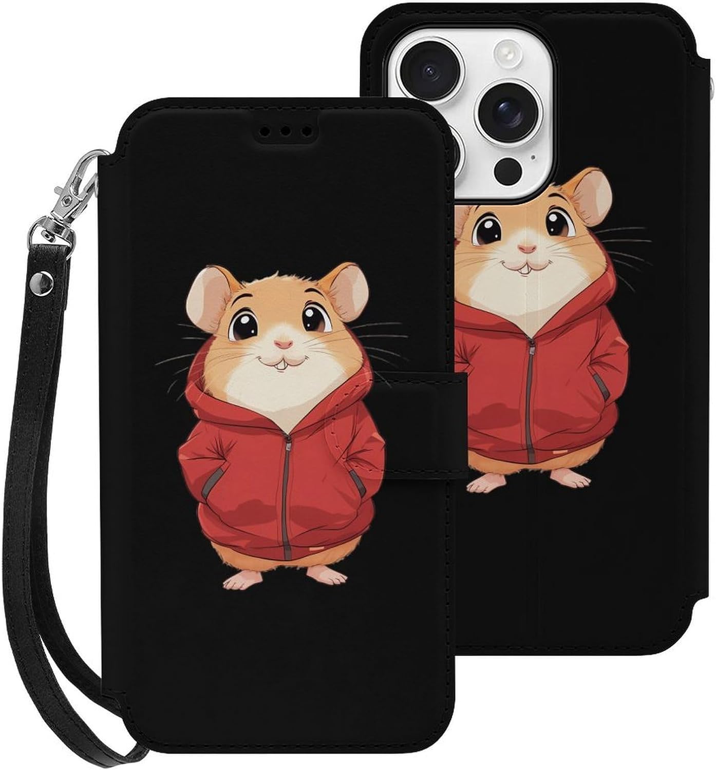Hamster Wearing A Red Jacket Compatible with iPhone 16/16 Plus/16 Pro/16 Pro Max/16 E Case Phone Wallet Card Holder Flip Cover with Wrist Strap