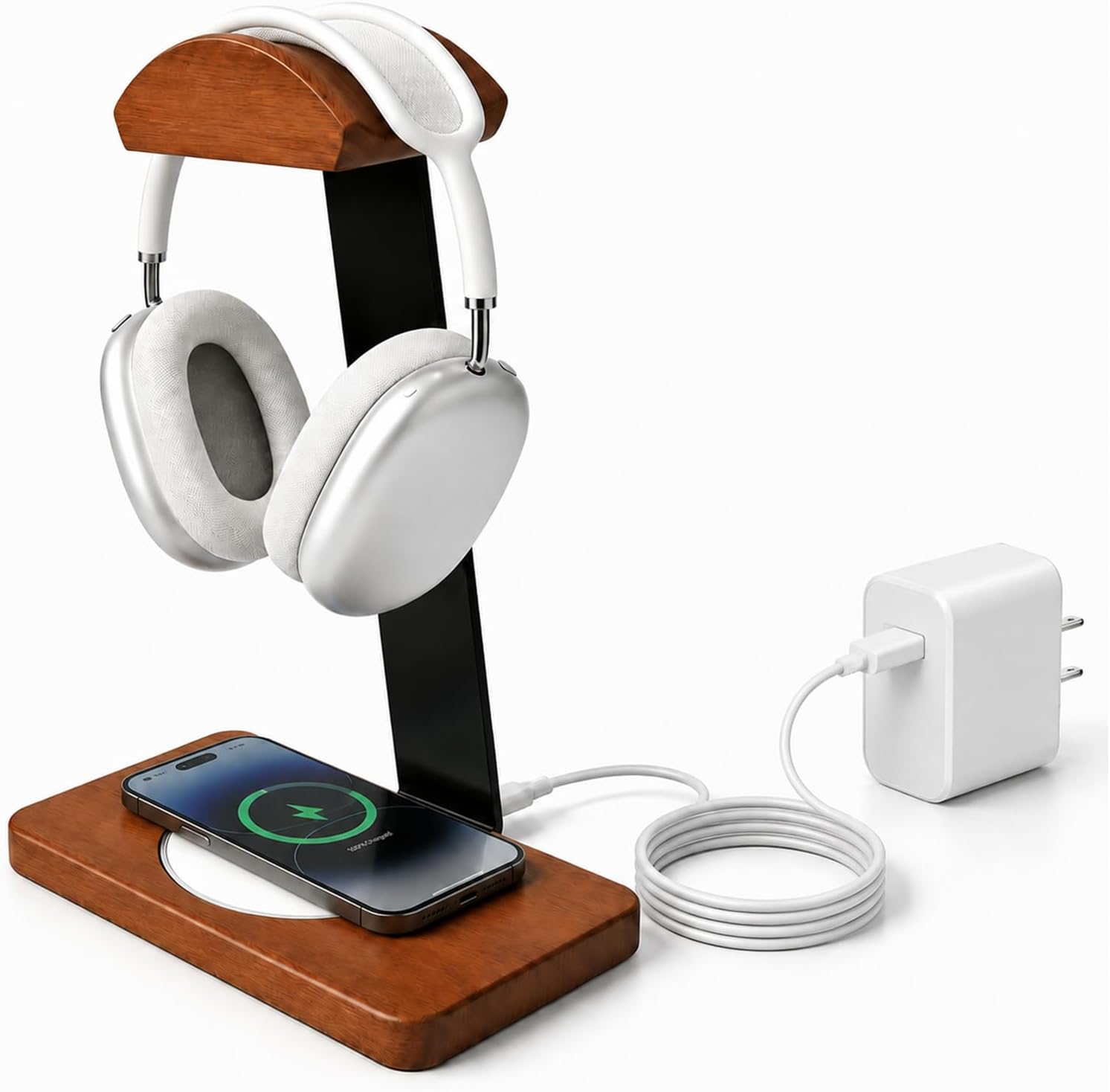 Wooden Headphone Stand with Wireless Charging Pad, Solid Wood Headset Holder for Walnut Desk, Bedside Table, Gaming Setup, Office Organizer Gift Compatible with Beats,Bose,Sony Accessories (White)