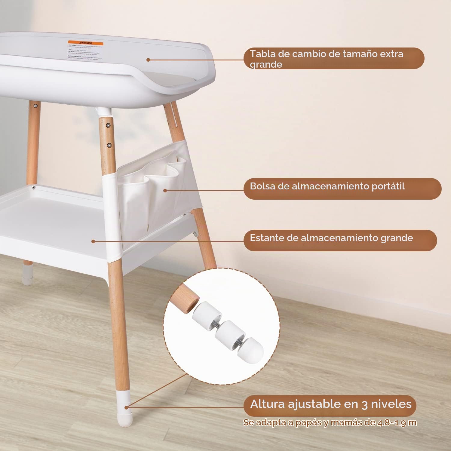 beberoad Cambiador de Pañales,en Madera Natural, Colchoneta del Cambiador en blanco, Altura Regulable, 90x75x65cm, Blanco
