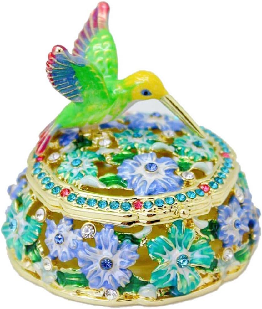 Hand Painted Enamel Hummingbird Flower Trinket Box Hinged Jewelry Organizer Ring Earrings Storage Collectible Bird Trinket Box for Home Decor - Image 6