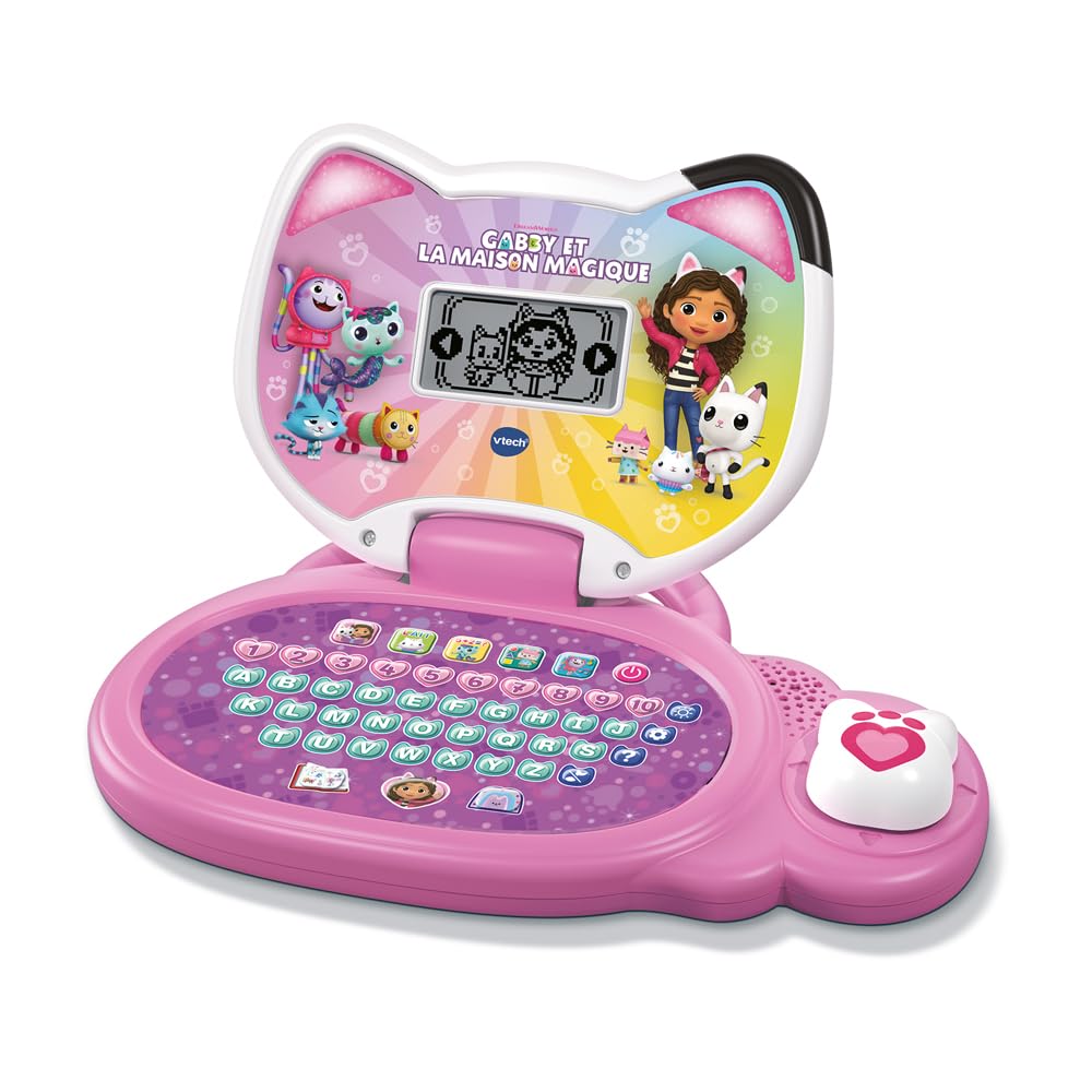 VTech - Mon Ordi Éducatif Gabby et La Maison Magique - Ordinateur Enfant avec Écran Rétroéclairé, Oreilles Gabby Chat Lumineuses et 18 Jeux Interactifs - Cadeau Enfant Dès 3 Ans - Contenu en Français