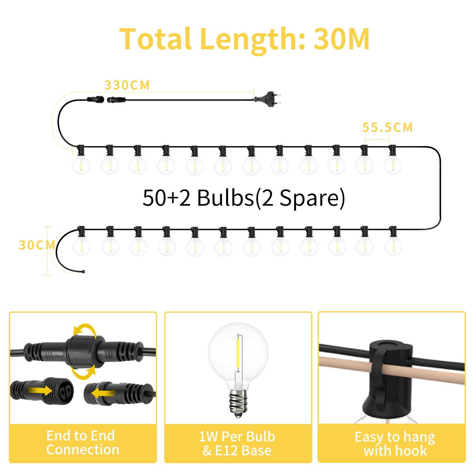 Yuusei 30M Catene Luminose Esterno con Telecomando, 50+2 Plastica Impermeabile Lampadine with IP45, Warmweiß 2500K Esterni Catene Luminose per Terrazzo Festa Natale Matrimonio