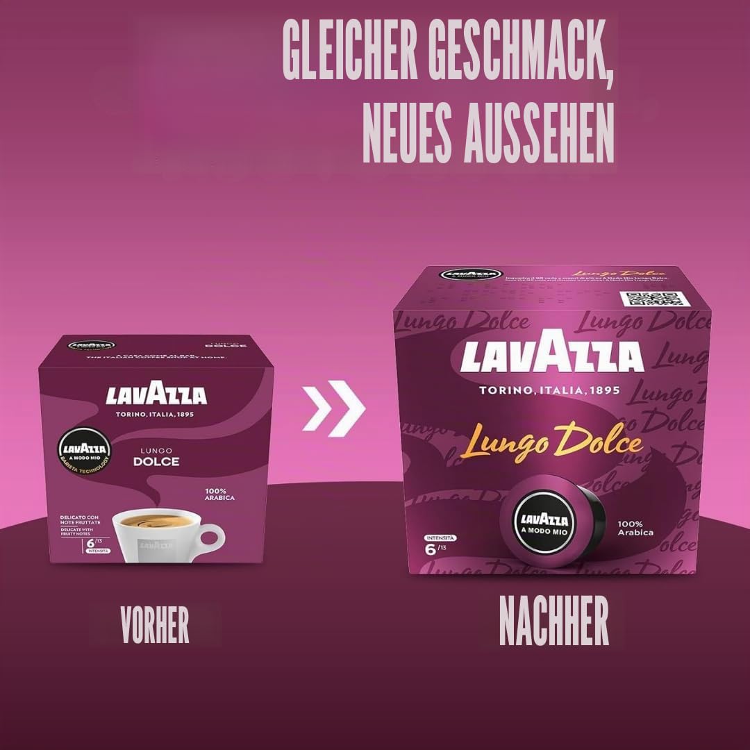 Lavazza A Modo Mio Lungo Dolce, 256 Kaffeekapseln, für einen Espresso mit aromatischen Noten von getrockneten Früchten und Blumen, 100% Arabica, Intensität 6/13, mittlere Röstung, 16 Packungen mit je
