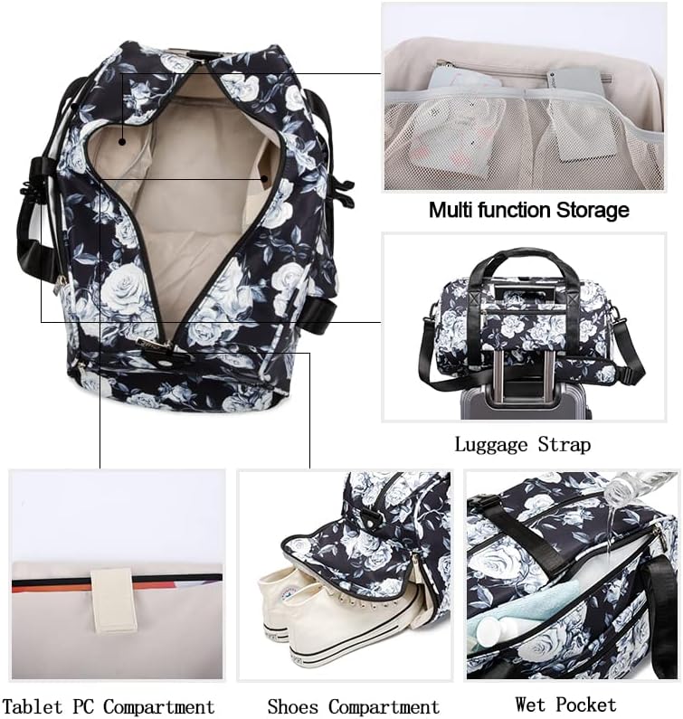 Kinmac Travel Duffel Bag For Women,Sports Gym Yoga Duffel Bag Weekender Overnight Totes Bag with Shoes and Wet Compartment (White Rose) - Image 3