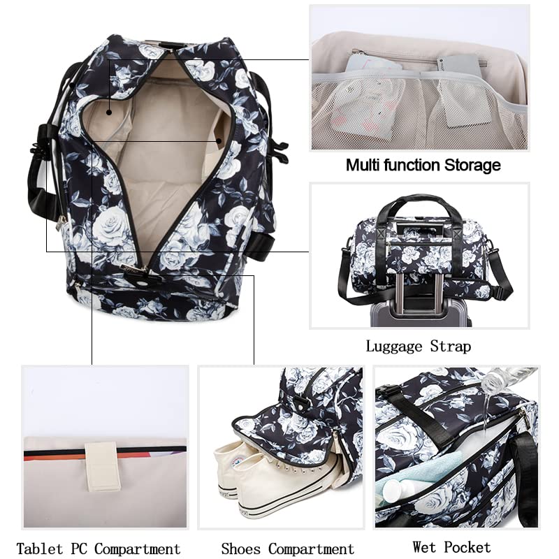 Kinmac Travel Duffel Bag For Women,Sports Gym Yoga Duffel Bag Weekender Overnight Totes Bag with Shoes and Wet Compartment (White Rose)3