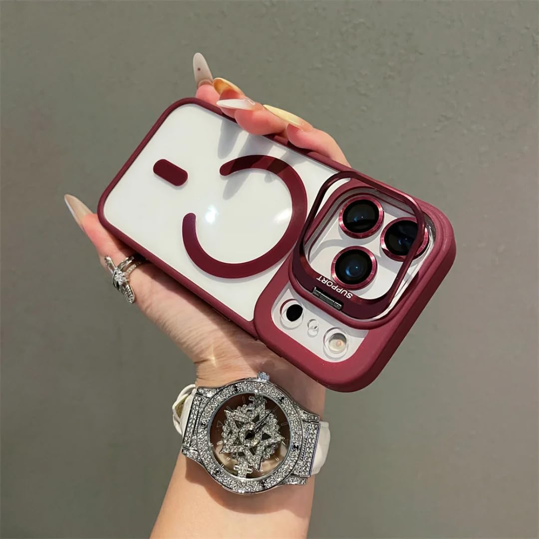 Étui magnétique pour iPhone 15 Pro Max rouge vin, coque transparente pliable - 8