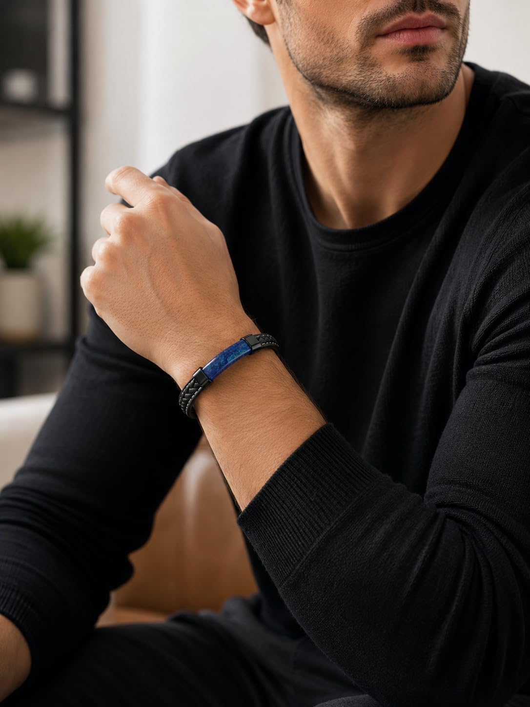 Mens Black Leather Obsidian/Turquoise/Tiger Eye/Red Agate Bracelet–Braided Multi‑Layer Wristband Cuff Bangle Bracelet with Stainless Steel Clasp Gift Jewelry Box Included