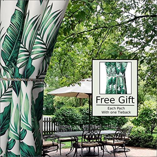 Comlax Outdoor Curtains Waterproof - 132x215cm Tropical Leaves Printed Garden Thermal Insulation Blackout Drapes Detachable Buckle Tieback for Indoor Window and Outside Porch Pool, Balcony, Green - Image 2