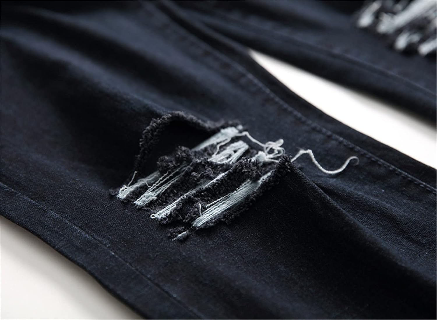 Men's Jeans with Holes in Straight Knee Ripped Slim Fit Tapered Leg Jeans Stretchy Knee Holes Denim Pants