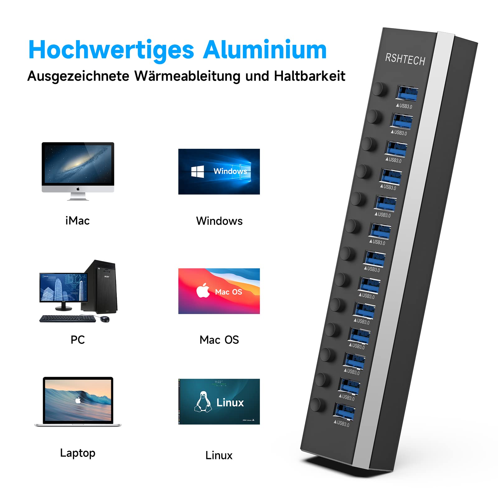 Hub USB z zasilaczem, RSHTECH aluminiowy koncentrator USB Aktiv 3.0 z zasilaczem 72 W (12 V/6 A), 13-portowy koncentrator USB aktywny z kablem do transmisji danych 100 cm, do ładowania i przesyłania