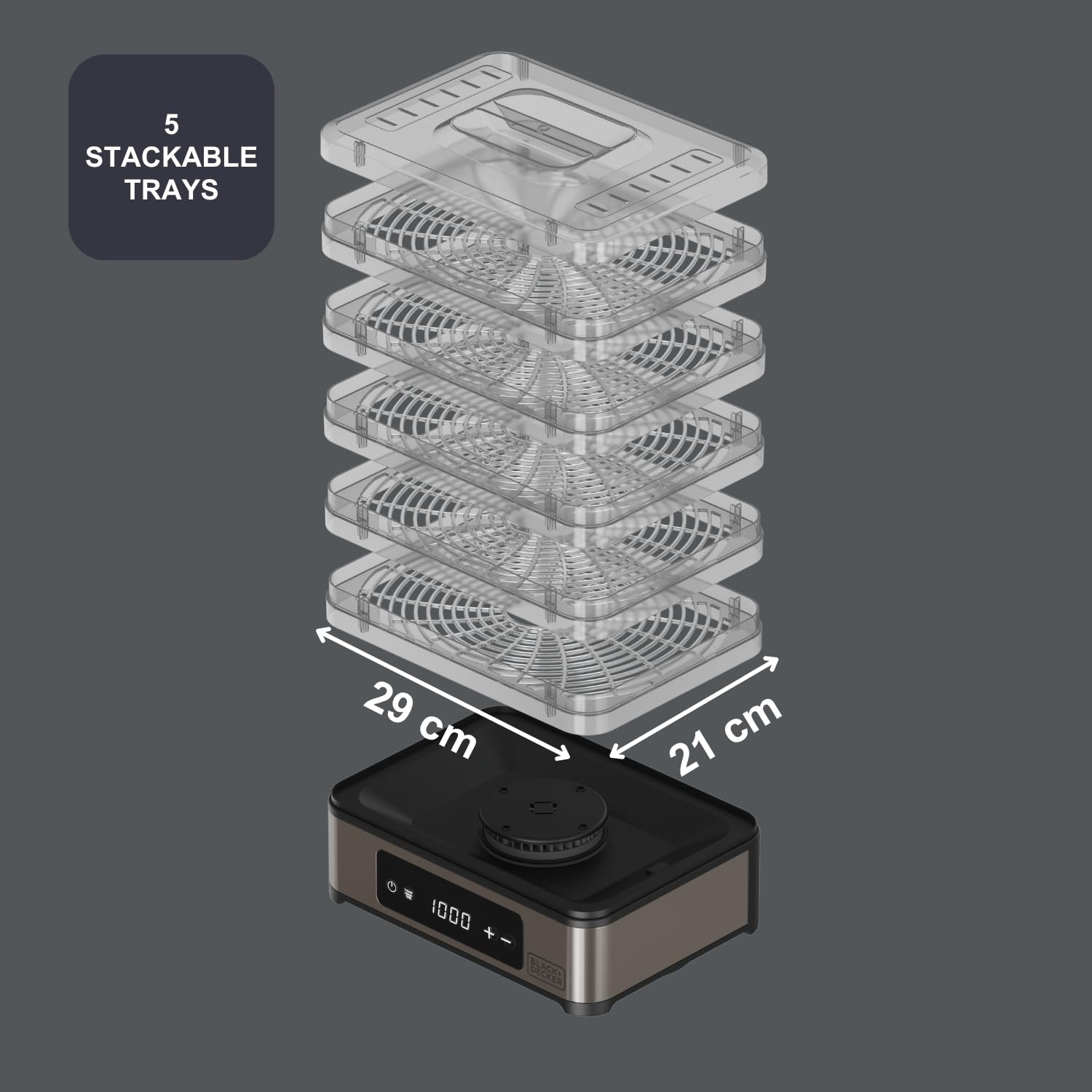 Black+Decker - essiccatore alimentare 400W | 5 vassoi trasparenti 29x21 cm | pannello digitale touch | temperatura regolabile 35-70°C | timer 48h | spegnimento automatico | senza BPA
