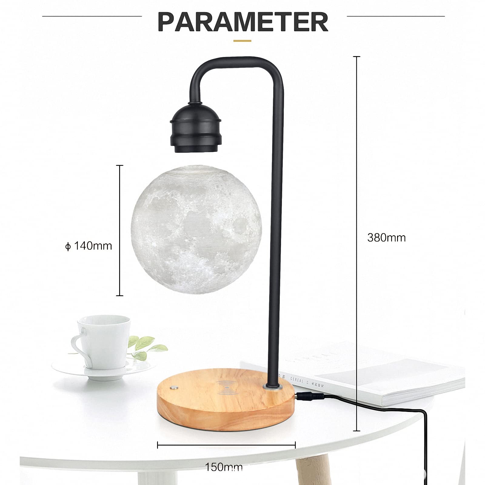 Magnetschwebe-Mondlampe mit 7-Farben-Lichtern, kabelloses Aufladen des Schlafzimmer-Handys, 3D-Nachtlichtdekoration, Geschenk-Mondlampe für Kinder