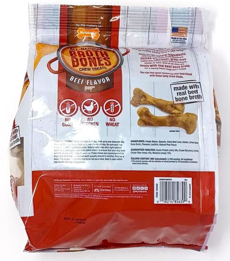 All-Natural Beef Broth Bones Dog Treats. 60 Count. 2.6 LB.