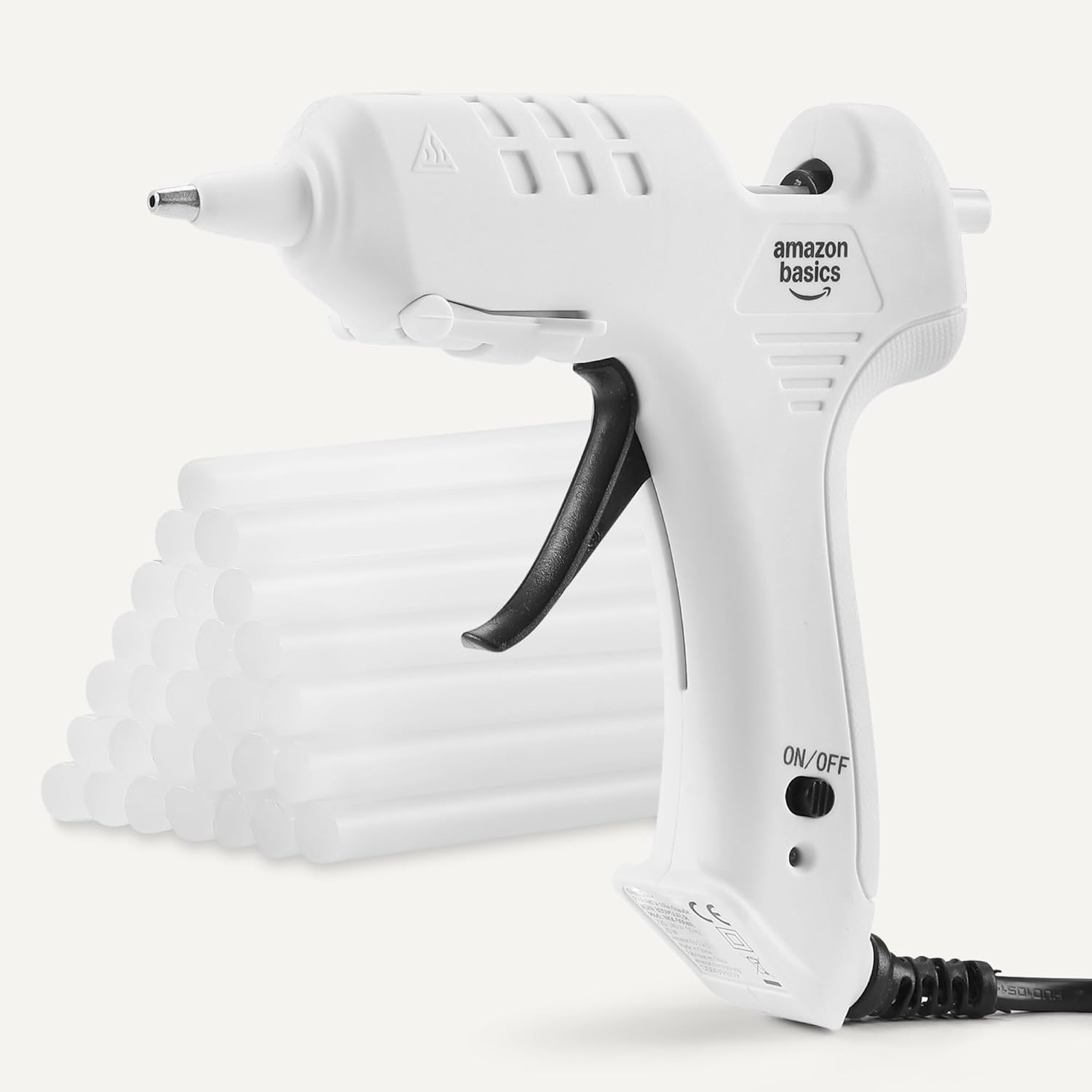Amazon Basics Hot Glue Gun with a stack of 30 glue sticks next to it.