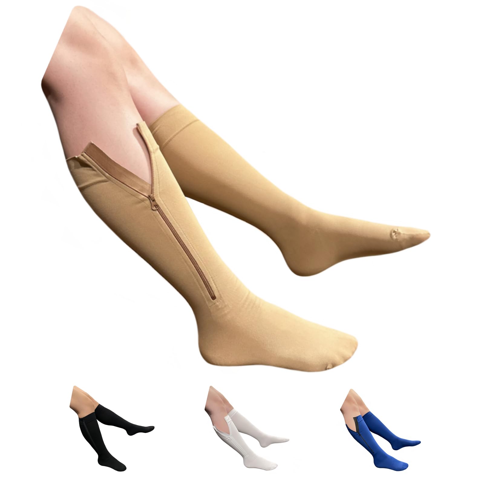 HealthyNees Seniors Care 20-30 mmHg Compression Leg Calf Closed Toe Zipper Socks (Nude, Small-Medium)