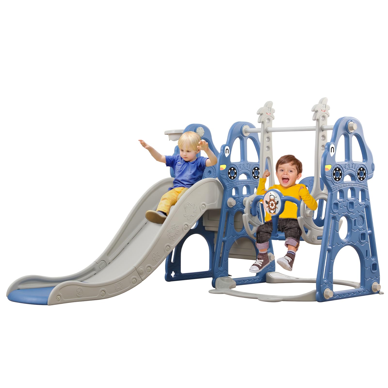 Ensemble de Toboggan et balançoire pour Tout-Petits, Ensemble de Jeu d'escalade pour bébé 4 en 1 avec balançoire, Toboggan grimpeur et Basket-Ball, toboggans pour Enfants (Classique + Bleu)