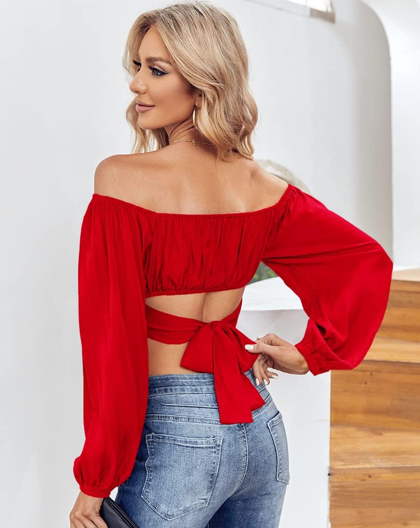 MIRACMODA Woman Off Shoulder Ruched Tie Back Crop Top Summer Lantern Sleeve Boho Shirt Blouse - Image 3