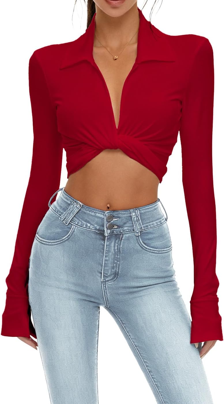 Lacozy Womens Sexy Going Out Crop Top Front Tie Bell Sleeve Wrap Shirt Cute Shawl V Neck Blouse Cardigan