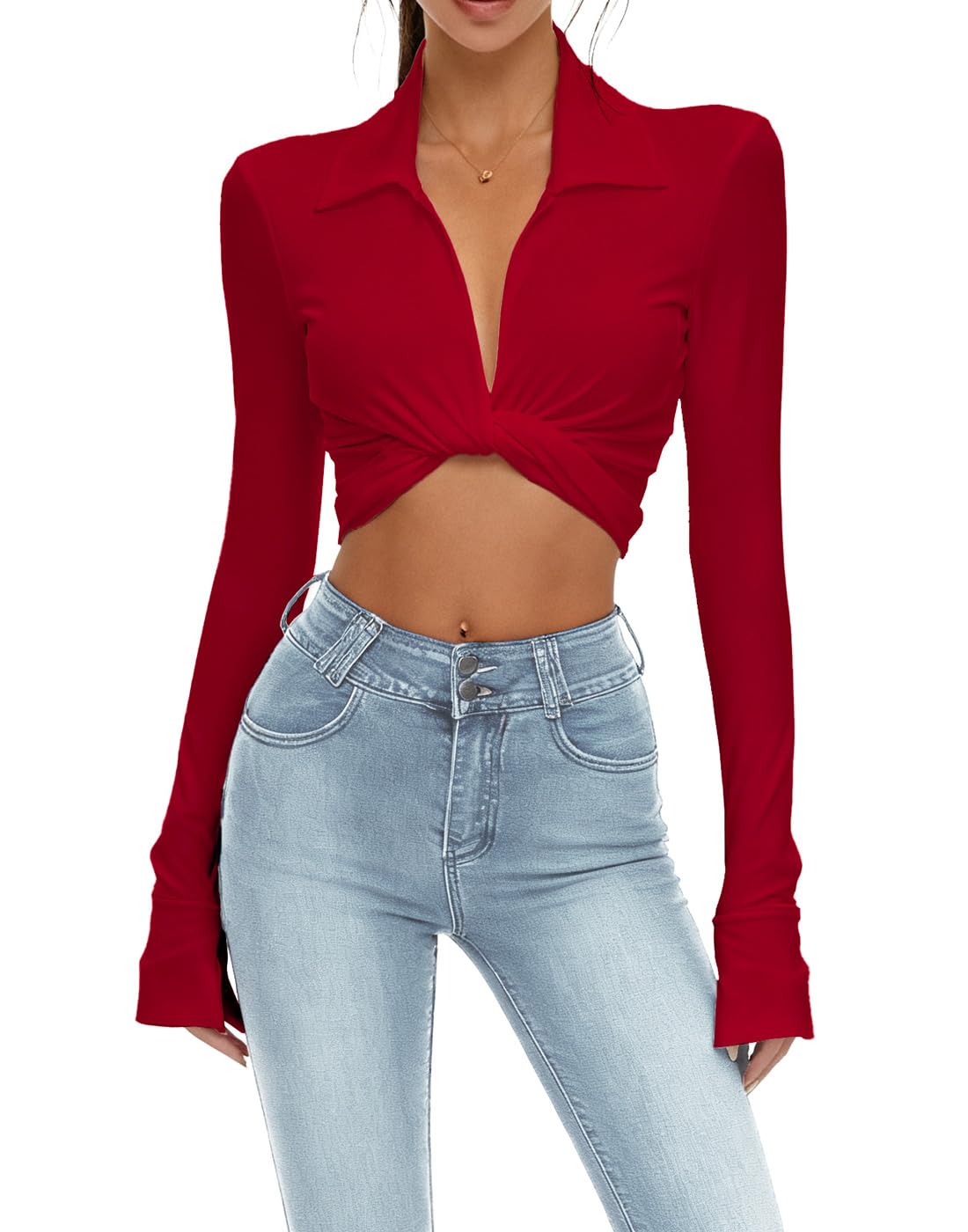 Lacozy Womens Sexy Going Out Crop Top Front Tie Bell Sleeve Wrap Shirt Cute Shawl V Neck Blouse