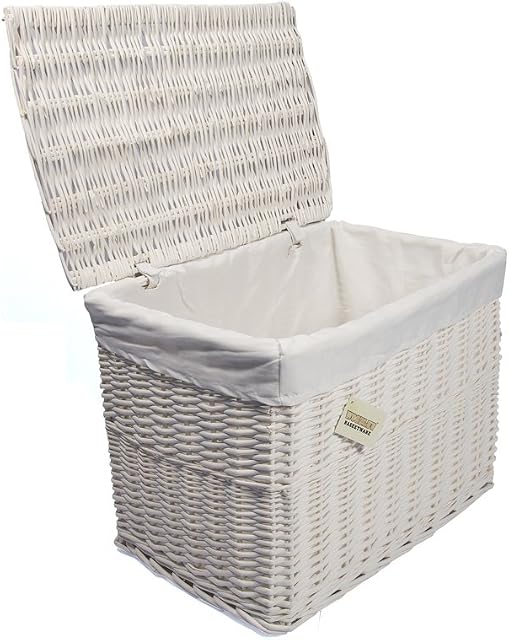 Large White Wicker Storage Basket,Storage Chest Trunk Hamper W/Cloth Linning