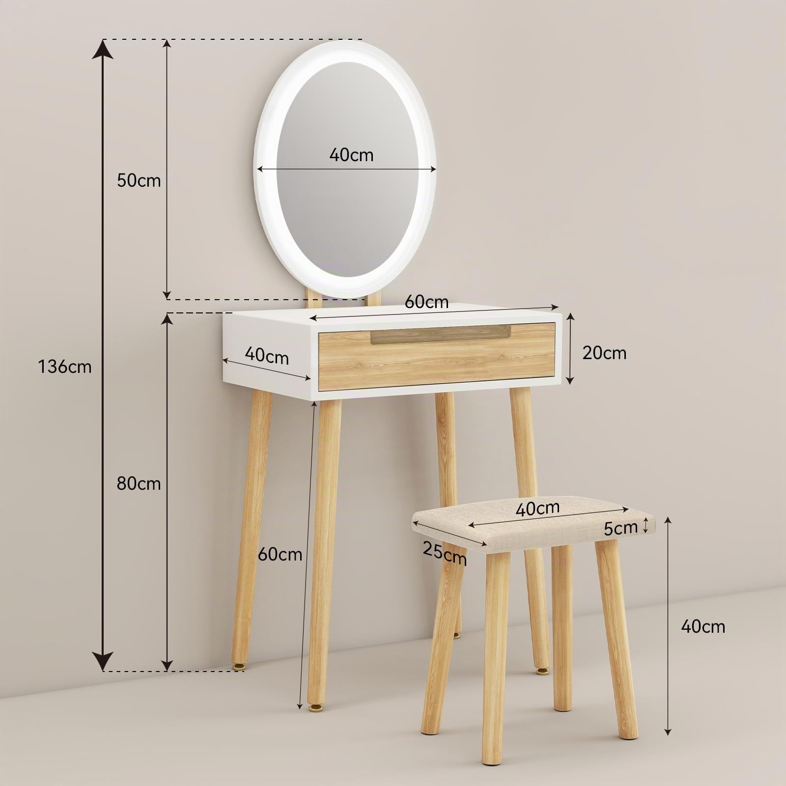 YU YUSING Petite Coiffeuse LED 60 cm Largeur avec Miroir Ovale et Tabouret, 3 Couleurs, Lumière Dimmable, Table de Maquillage avec Rangement, Tiroir Coulissant, en Bois, Gain de Place, Couleur Bois