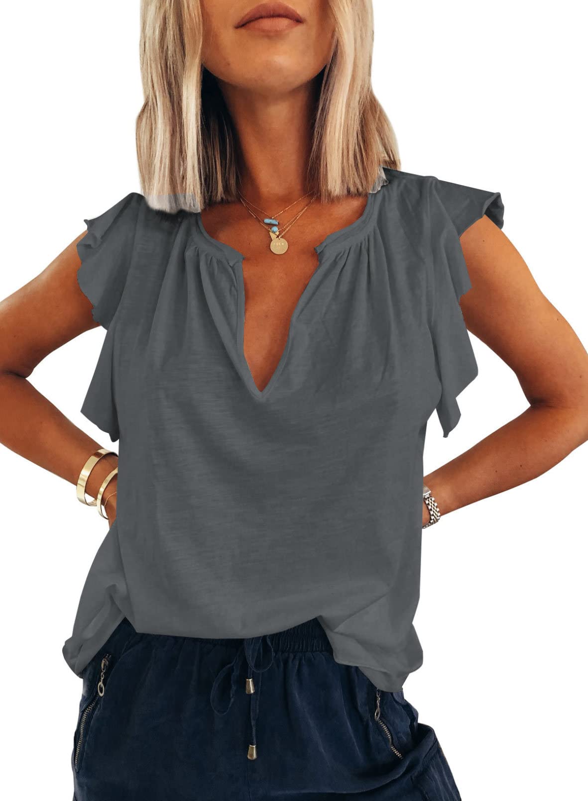 Dokotoo Women's Casual V Neck Ruffle Sleeve Summer Tank Tops Shirts