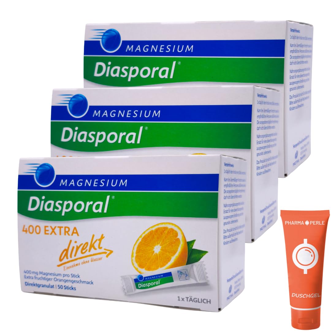 Magnesium Diasporal 400 EXTRA direkt 50 Sticks I Magnesium hochdosiert 400 mg I Direktgranulat ohne Wasser I Magnesium Sticks fruchtig Orange I vegan, zuckerfrei I mit Pharma Perle Duschgel (3x)