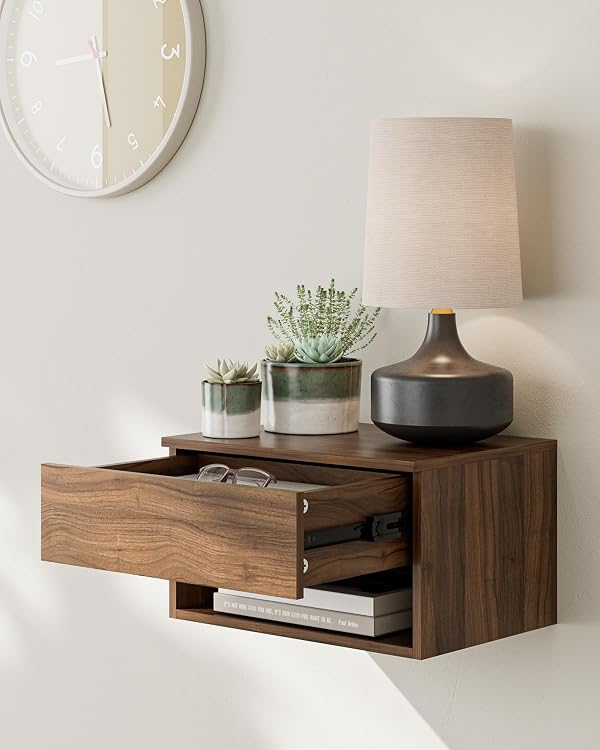 Modern Walnut Floating Nightstand with Drawer, Small Wall Mount Shelves by Aienvey - Used condition - Image 4