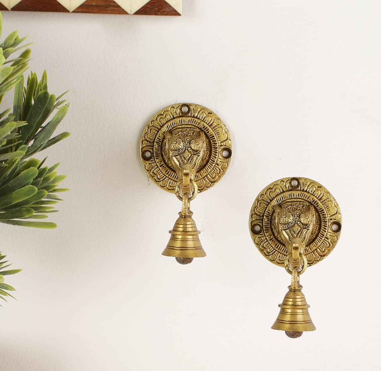 Two Moustaches Elephant Face Wall & Door Brass Decorative Bell Pair, Elephant Hangings for Decoration