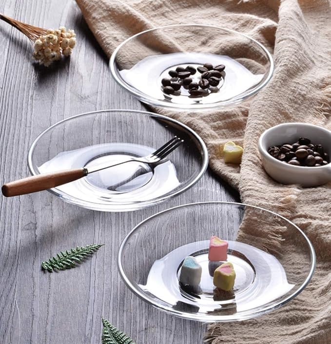Image of PrimeWorld Glass Sucher Tea Serving Plate | Set of 6 Crystal Clear 5 Inch Glass Plates | Vintage Dinnerware for Pasta, Salad, Desserts, Snacks, Fruits, Parties, Home, Weddings & Gift Set