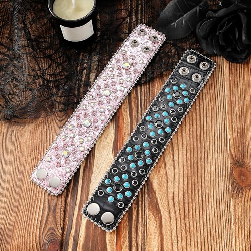 YWMAN Rhinestone Studded Leather Cuff Bracelet with Snap Closure, Bling Wide Bangle for Women & Men3