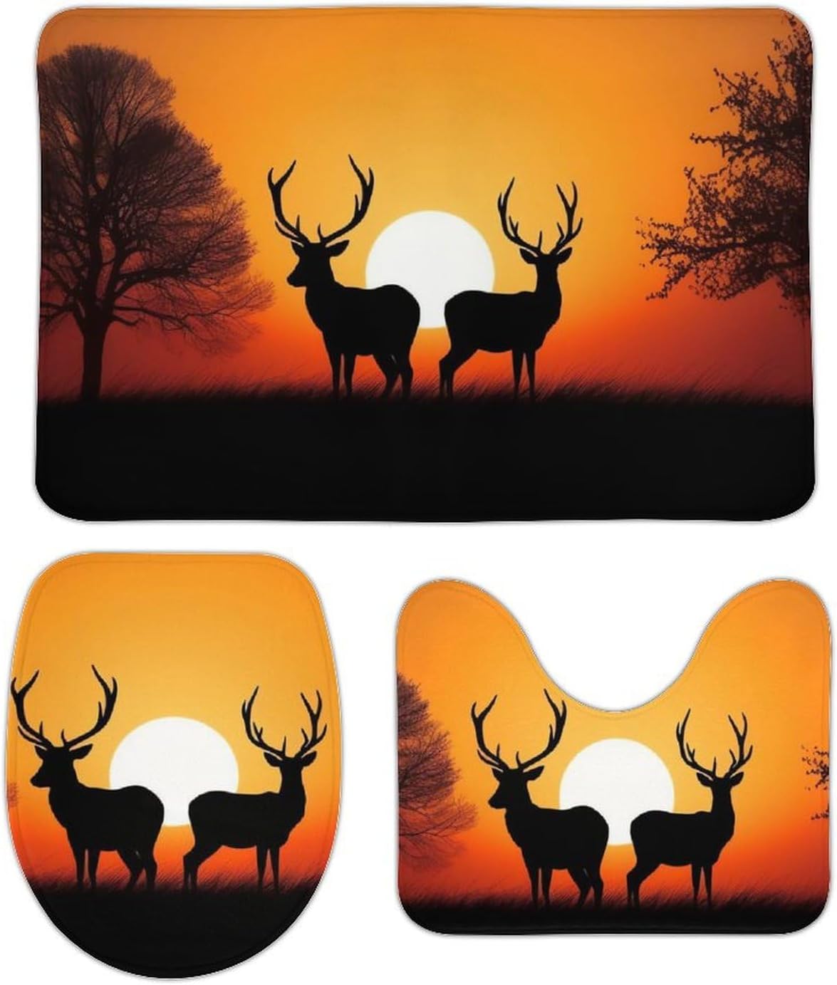 Anti-Skid Floor Mats 3 Piece Set,Nature Sunset Deer Printed Coral Fleece Bathroom Mats U-Shaped Contour Mat Toilet Seat Cover for Bathroom, Tub, Shower, Kitchen 19.7"x31.5"