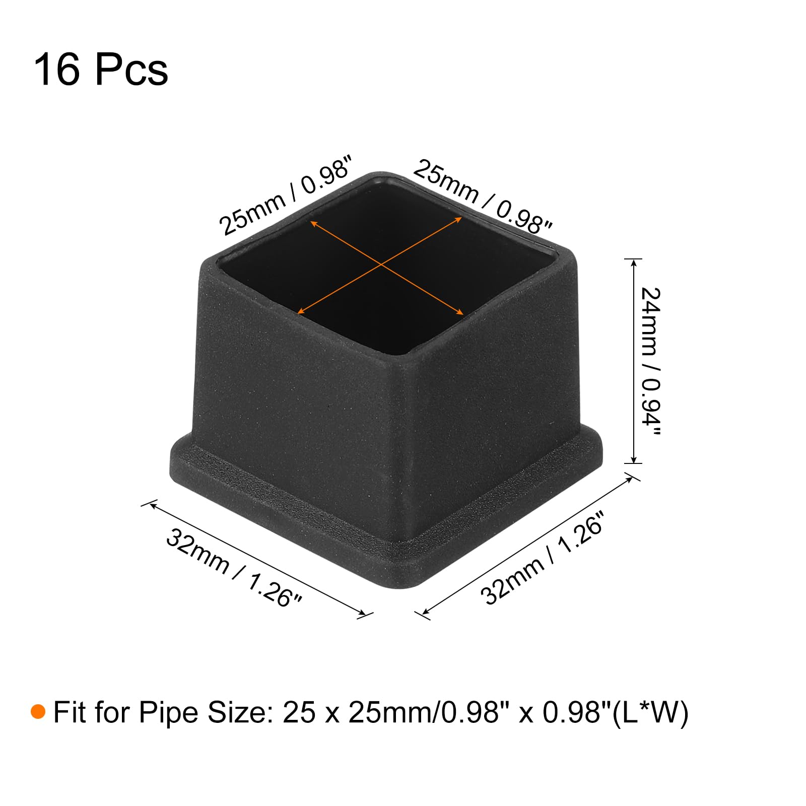 QUARKZMAN 16 Embouts de Pieds de Chaise Carrés en PVC, 25mm x 25mm, Noirs, Antidérapants et Résistants à la Corrosion, pour Meubles et Sols