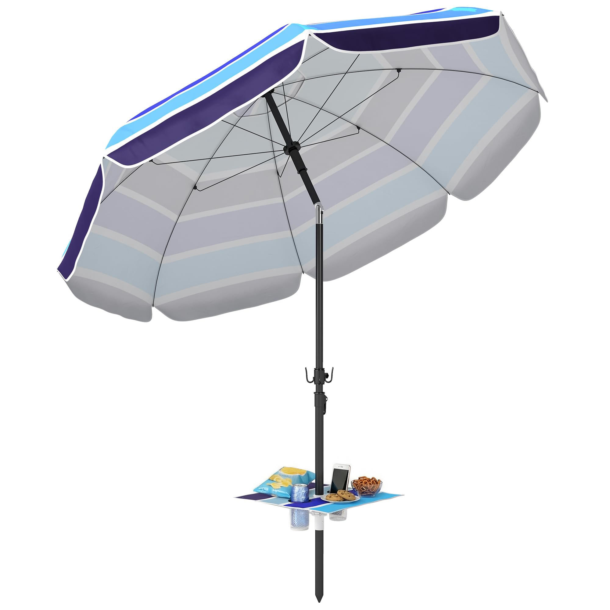 Outsunny Ombrellone da Spiaggia Ø198 cm con Tettuccio Reclinabile 30°, Ombrellone da Mare con Tavolino Pieghevole, Porta Bicchierie, Borsa da Trasporto, per Esterno, Patio, Spiaggia, Multicolore
