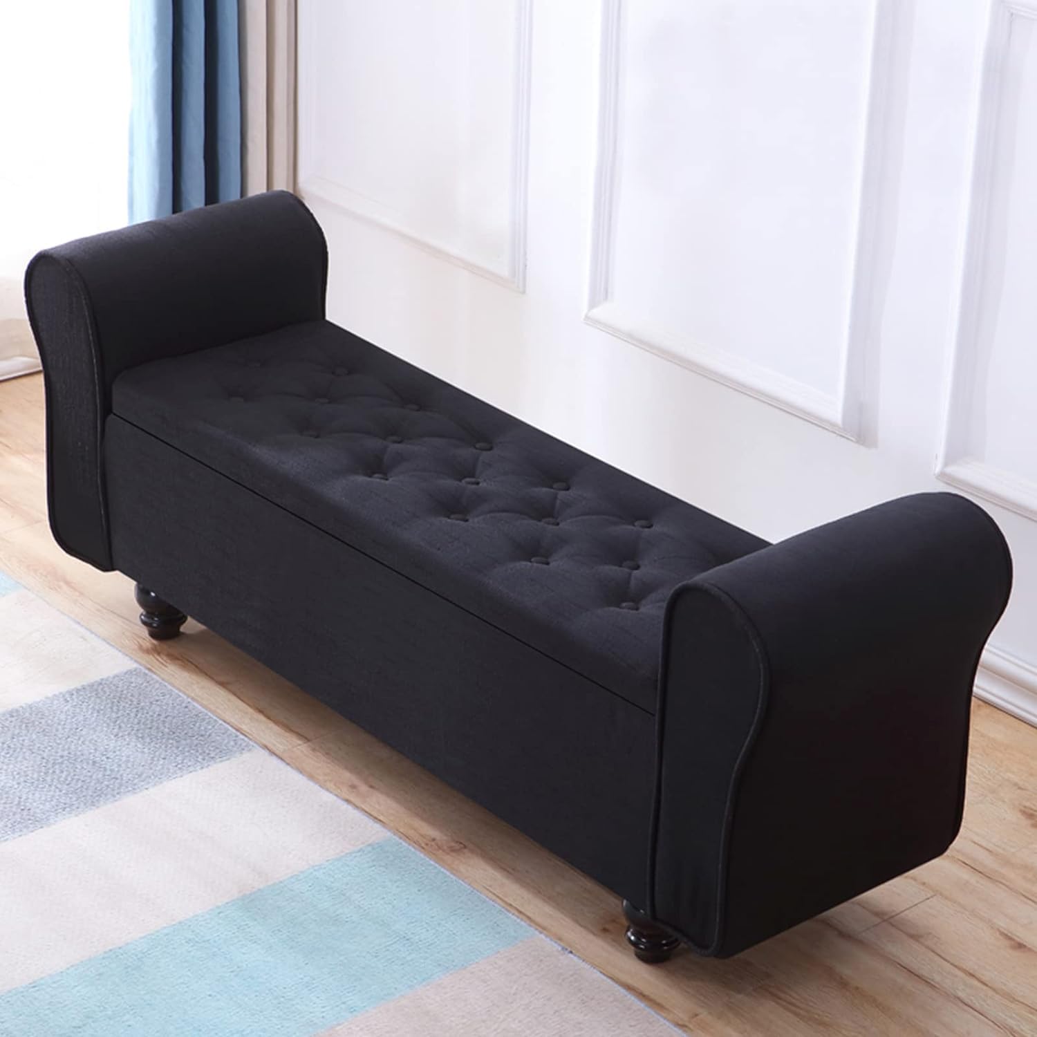 Tabouret à langer ottoman capitonné noir 100 cm avec coffre de rangement de salon