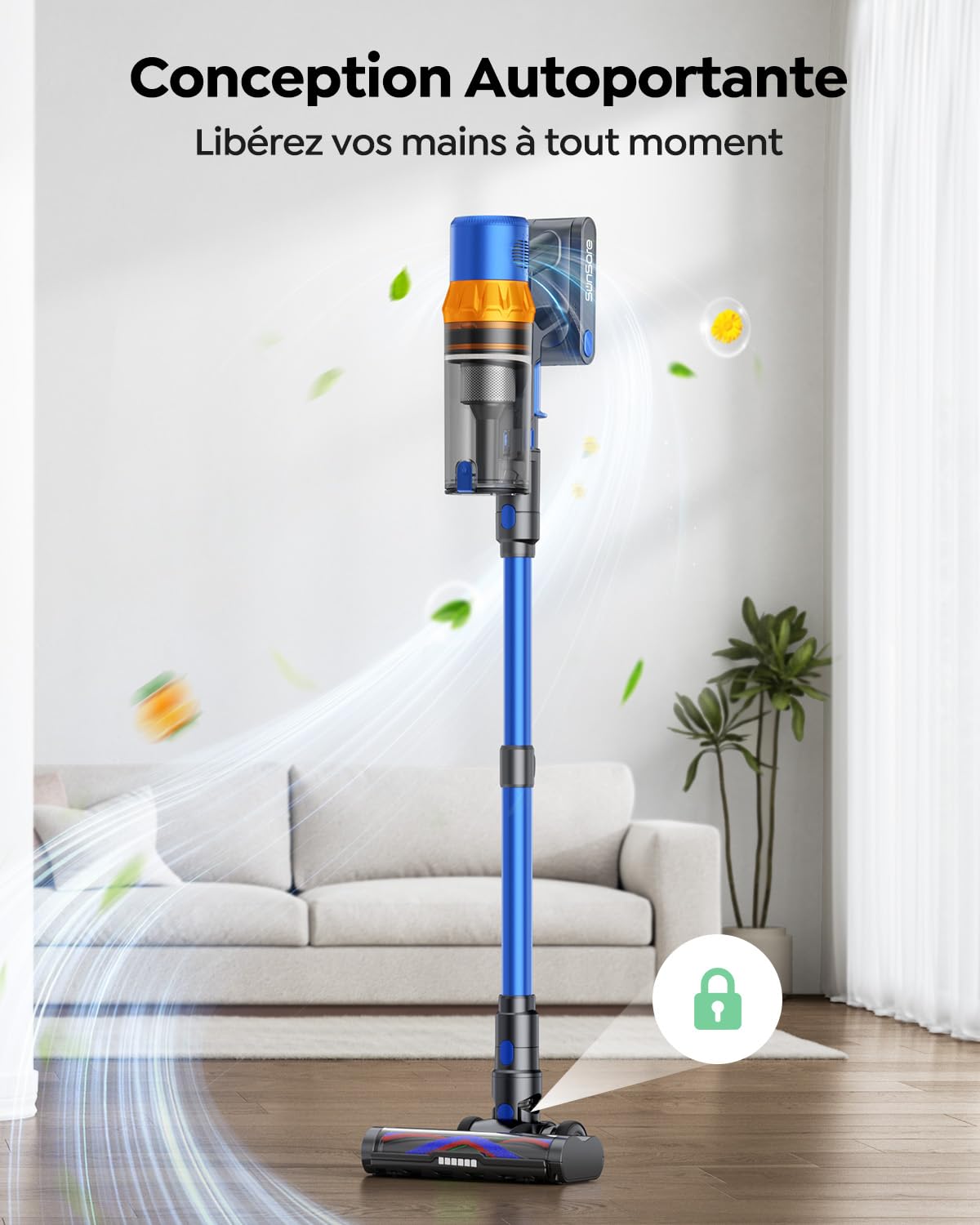 SunSare Aspirateur Balai sans Fil, 650W/55KPA/70Mins Aspirateur sans Fil Puissant avec Pliable Adaptateur, Tuyau 1M, Parfumé, Chargement Mural, Aspirateur Balai pour Poils d’Animaux/Sols/Tapis