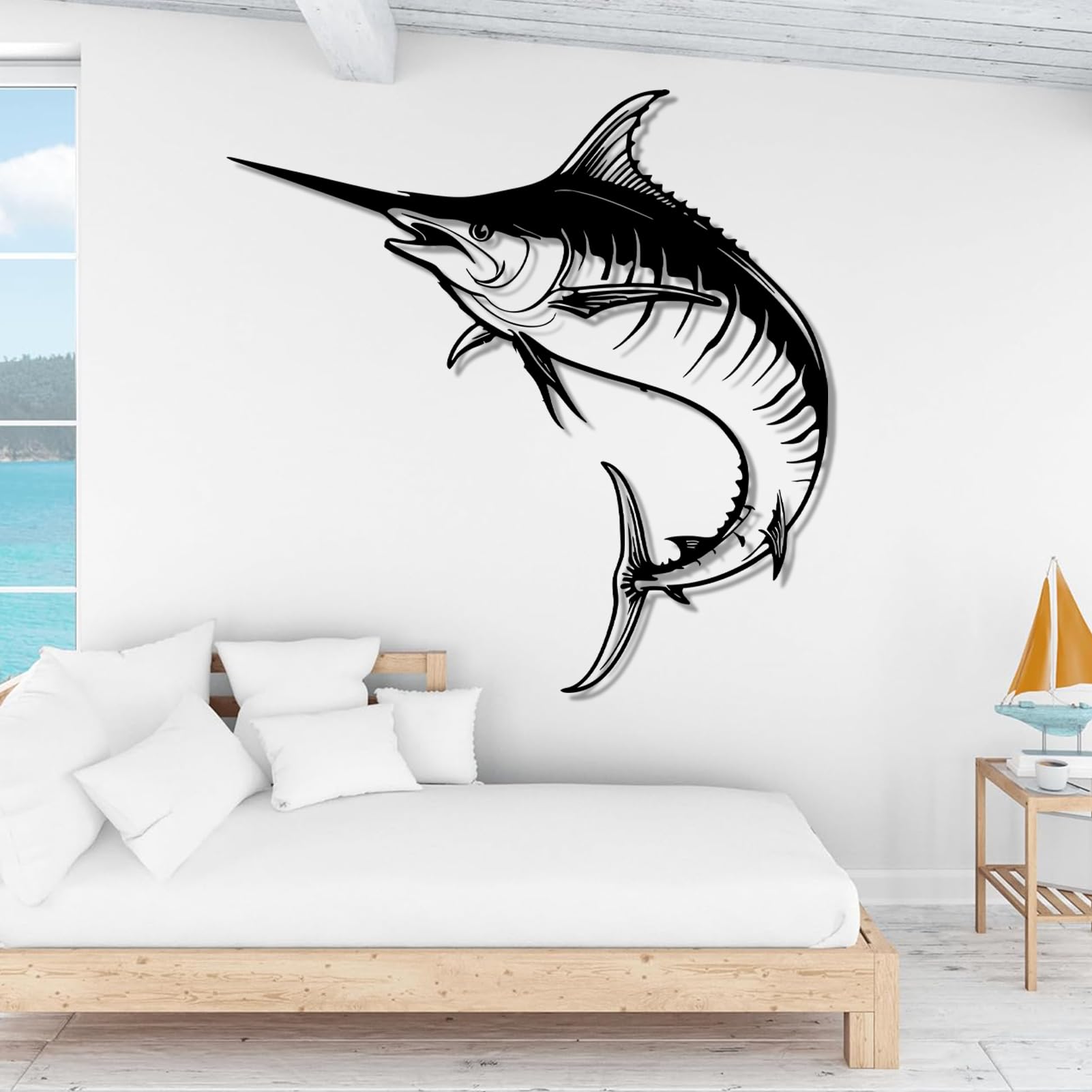 Décoration murale marlin en métal, sculpture moderne épurée noire 60x60 cm