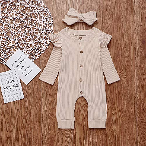 Seyurigaoka Newborn Baby Girls One Piece Jumpsuit, Infant Girl Knitted Romper Ruffle Long Sleeve Basic Bodysuit Underwear(Beige 6-12M) #TOP5