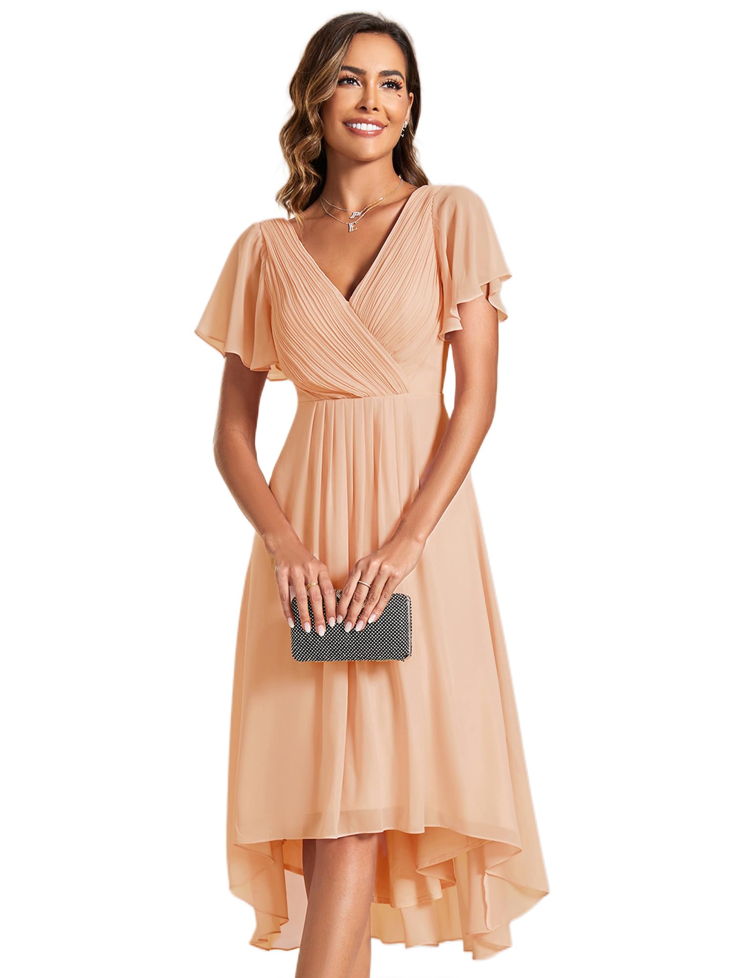 Ever-Pretty Robe trapèze col en V en mousseline de soie manches courtes longueur genou haute taille robes d'invité de mariage pour femmes courbes 01923-DA