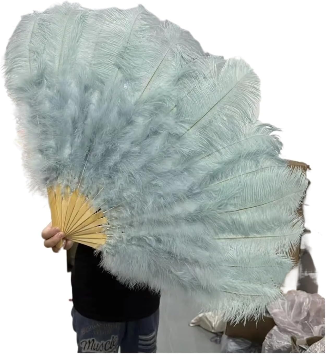 100cm Large Red Ostrich Feather Fan for Belly Dancers Burlesque Dance Stage Performance Wedding Party Halloween Accessories(Light Blue,1PCS Right Hand)