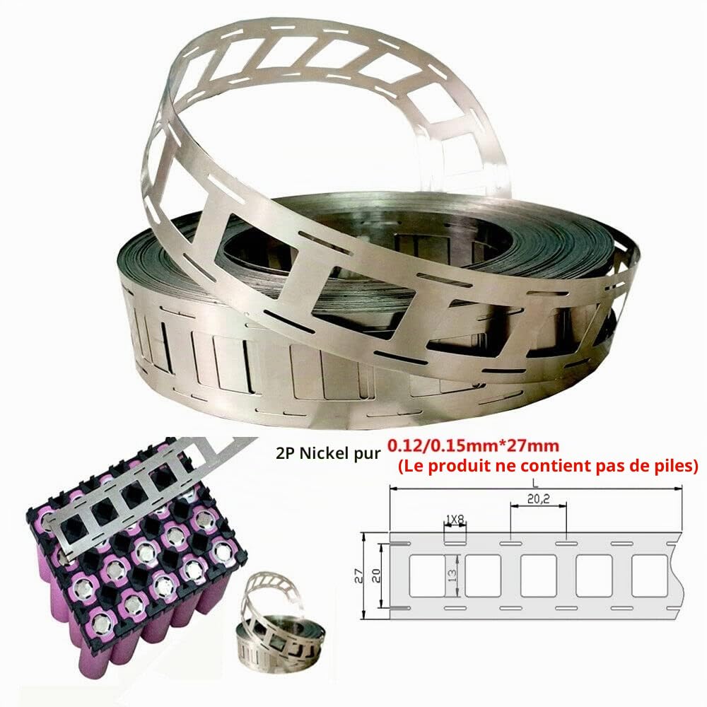 Bande de Nickel, 0,15 x 27 mm 10 m 2P Bande de Nickel pour Batterie 18650, utilisée pour 2 Batteries parallèles 18650, soudage par Points, Batterie 18650, espacement de 20,25 mm