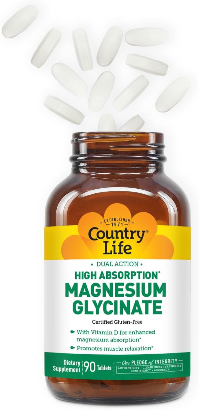 Country Life High Absorption Dual Action Magnesium Glycinate, 90 Tablets